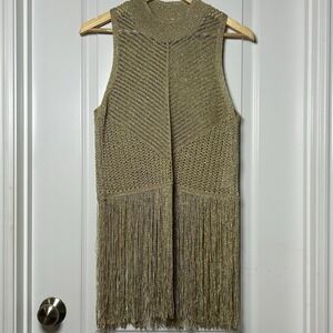 Anthropologie Gold Metallic Crochet Open Fringe Longline Top Boho Festival Style